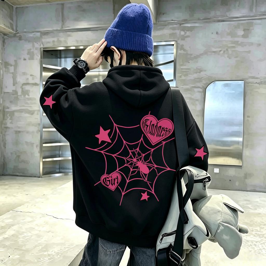Felpa con cappuccio per bambini e bambine, stile Y2K Millennium, con motivo a ragnatela rosa, cuore e stelle