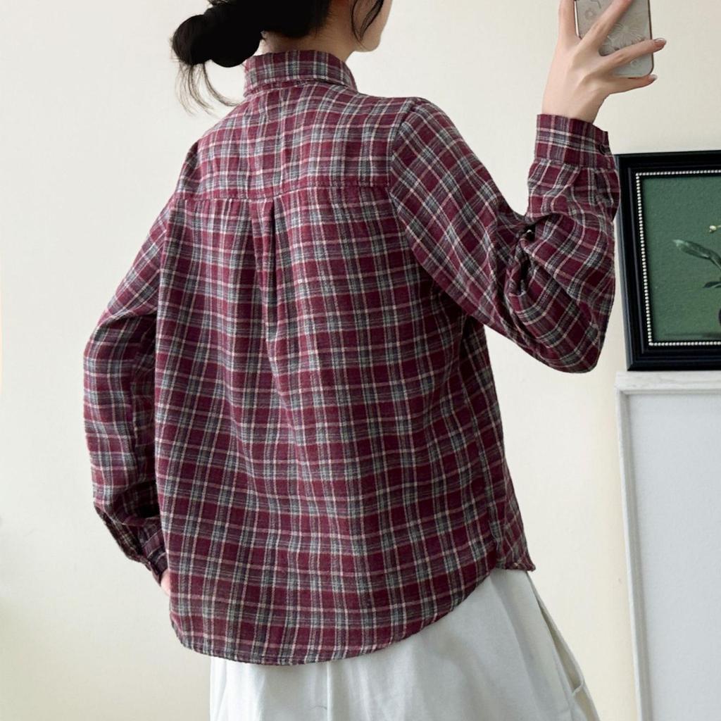 Women's 2026 Early Spring Brushed Cotton Plaid Shirt - Korean Retro Hong Kong Style, Long Sleeve, Niche, Lazy Chic
