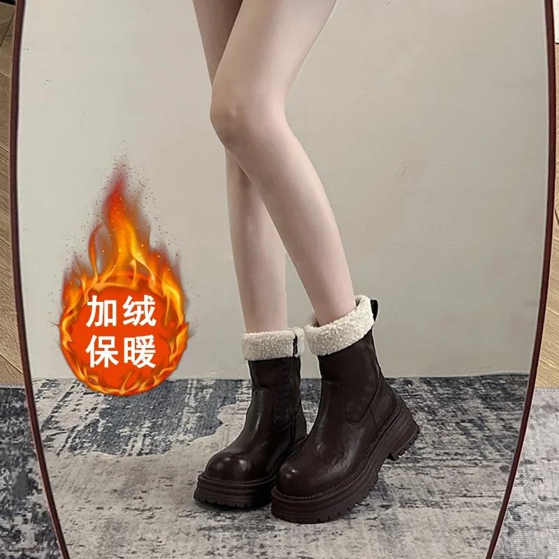 Fashion Platform Women Warm Plush Ankle Boots Fashion Short Booties Concise Thick Heel Women's Cotton Shoes