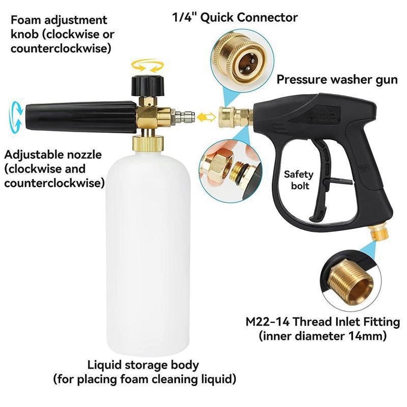 Dual-Function High-Pressure Water Gun with Aluminum Valve and Stainless Steel Nozzle, Foam Pot Attachment, and Five-Color Nozzle Heads