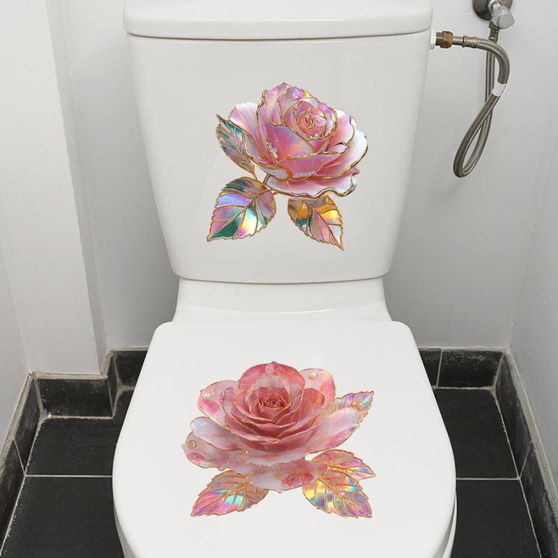 2Pcs Creative Rose Flower Waterproof Toilet Sticker Bathroom Wall Background Decal Home Decoration Self-adhesive Posters