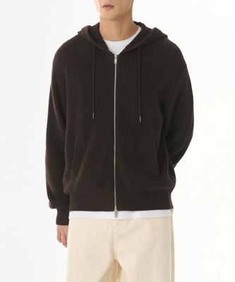 Ribbed Knit Hooded Zip-Up [Brown]