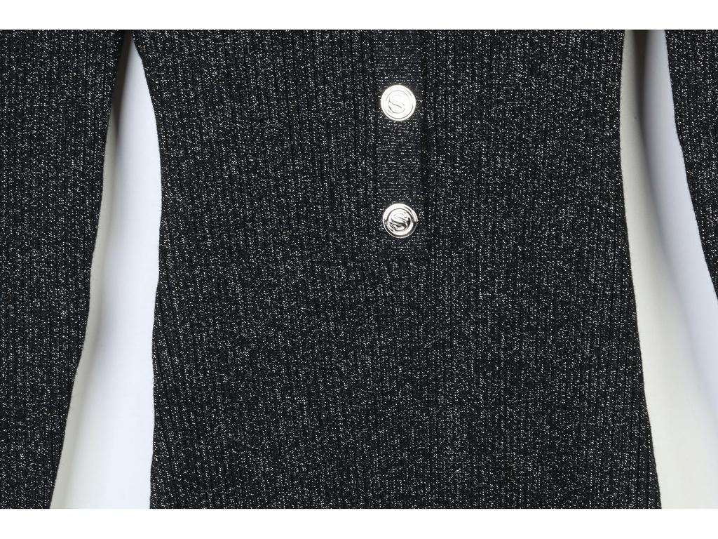 Women's French Polo Collar Knitted Dress with Gold Thread and Metal Cufflinks for Autumn/Winter Slim Fit
