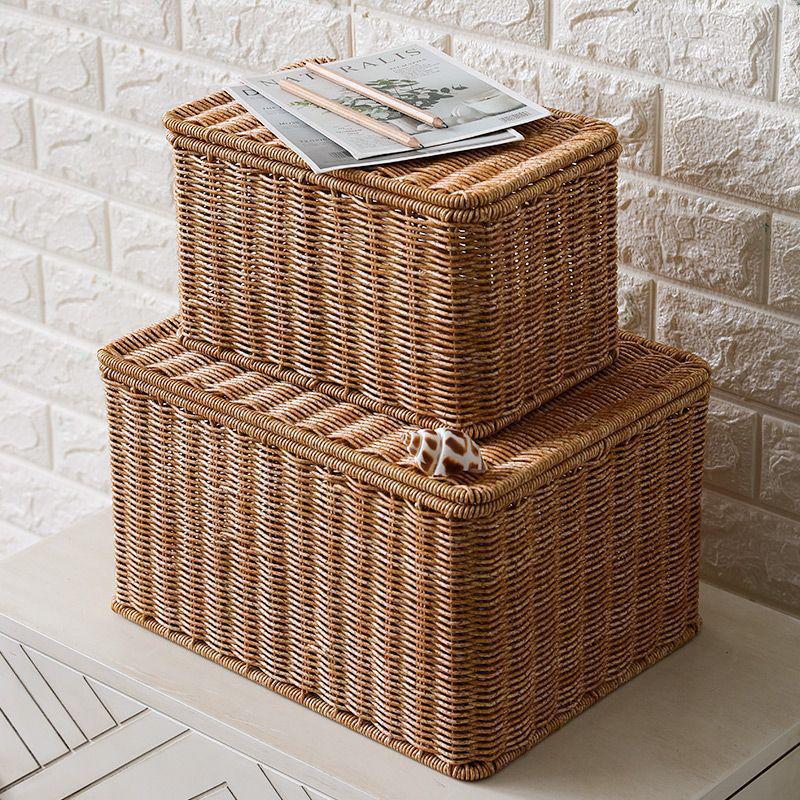 Nordic Style Rattan-Look Woven Storage Box with Lid for Bedroom and Household Organization.