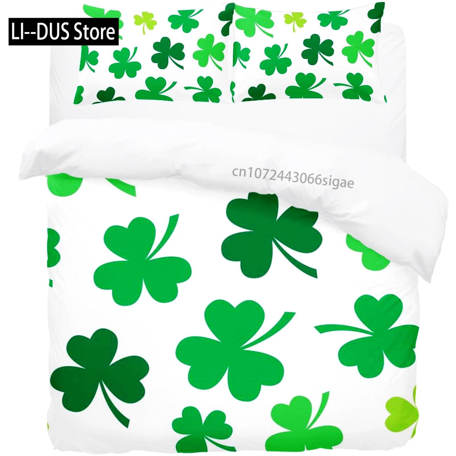

St. Patrick s Day Duvet Cover Sets, Lucky Shamrocks Pattern Irish Clover Prints Bedding Set with 1 Duvet Covers 2 Pillowcases 150x200cm 3pcs