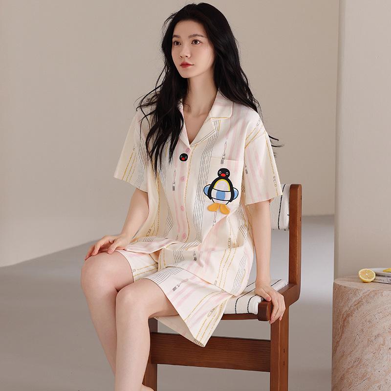 Pure Cotton Couple Pajamas Summer 1011 New Cartoon Cute Short-sleeved Shorts Can Be Worn Outside Men's and Women's Loungewear Suits