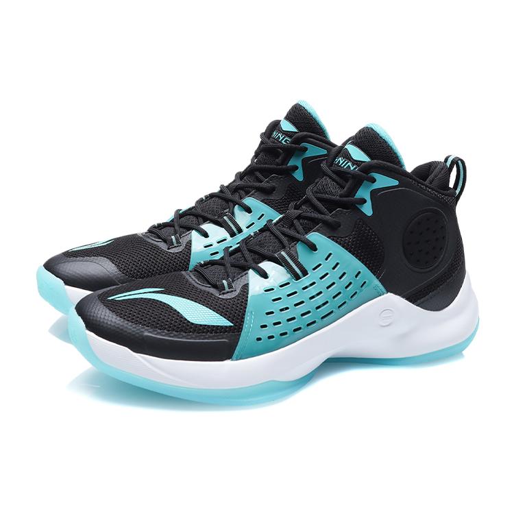 LiNing Cushioning Anti-Slip And Wear-Resistant Breathable Coverage Support Mid-Top Basketball Shoes Unisex Black Green ABAR065-1