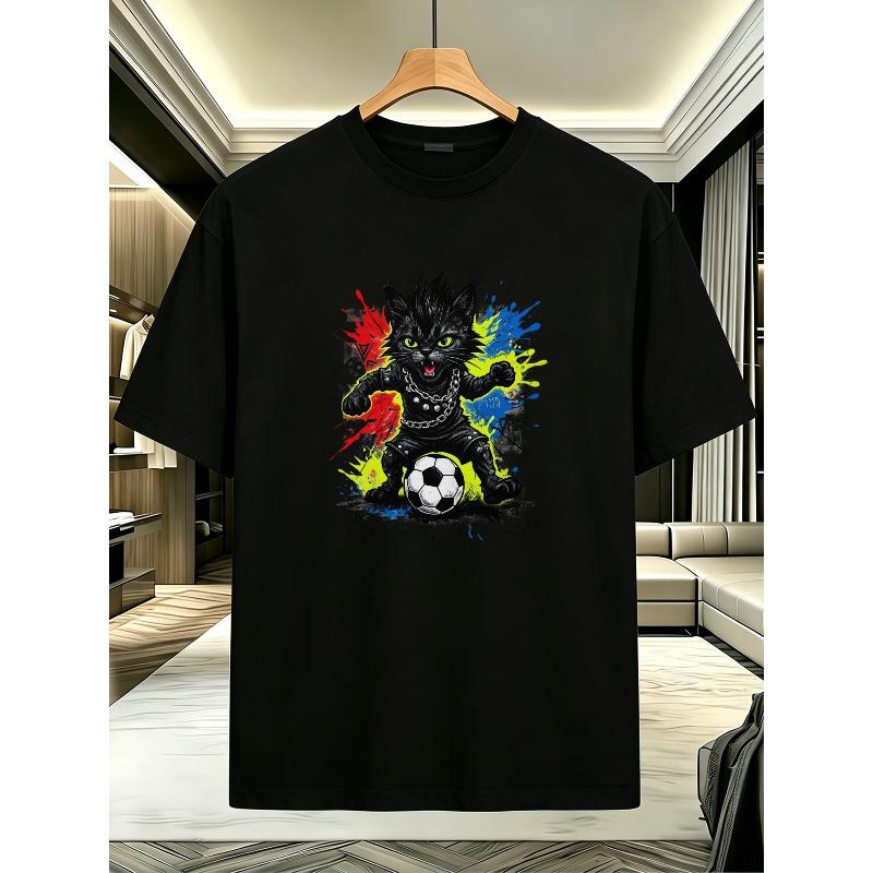 

European Size 1pc Sports Style Printed T-Shirt, Cool Cat with Soccer Ball Short Sleeve, Durable Print, Skin-friendly Lightweight Fabric 4XL чорний