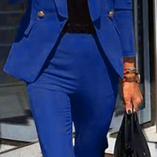 Women Suit Set Solid Color Fake Flap Pockets Two-piece Lapel Buttons Blazer Pencil Pants for Wedding