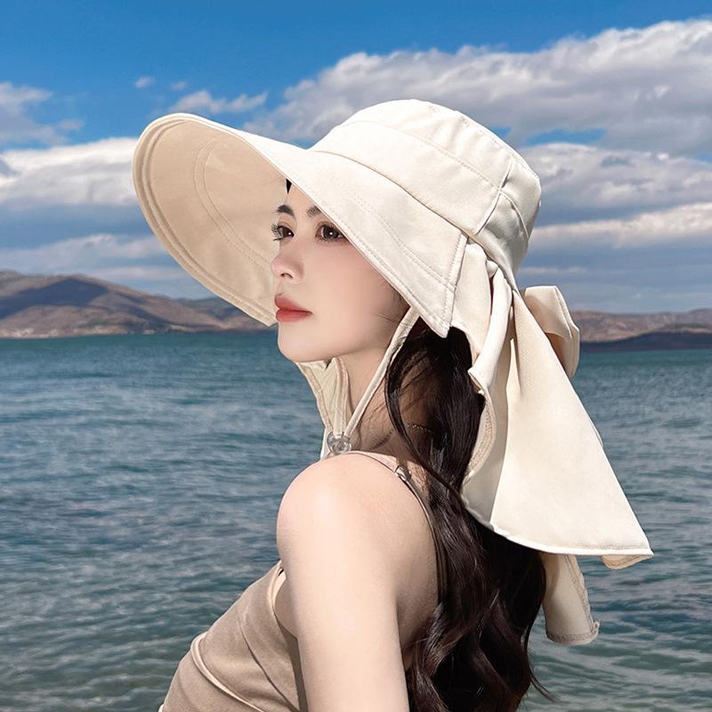 8459 spring and summer outdoor sunscreen visor big brim shawl bucket hat fashion with ponytail hole hat women