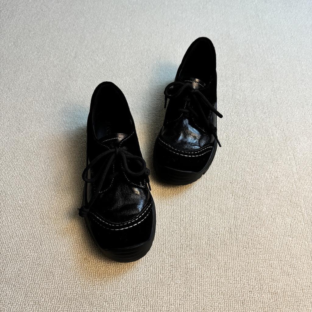 "Commuter Moral Training" Retro Academy Small 4cm Lace-up Round Toe Platform Single Shoes Women's British-style Leather Shoes