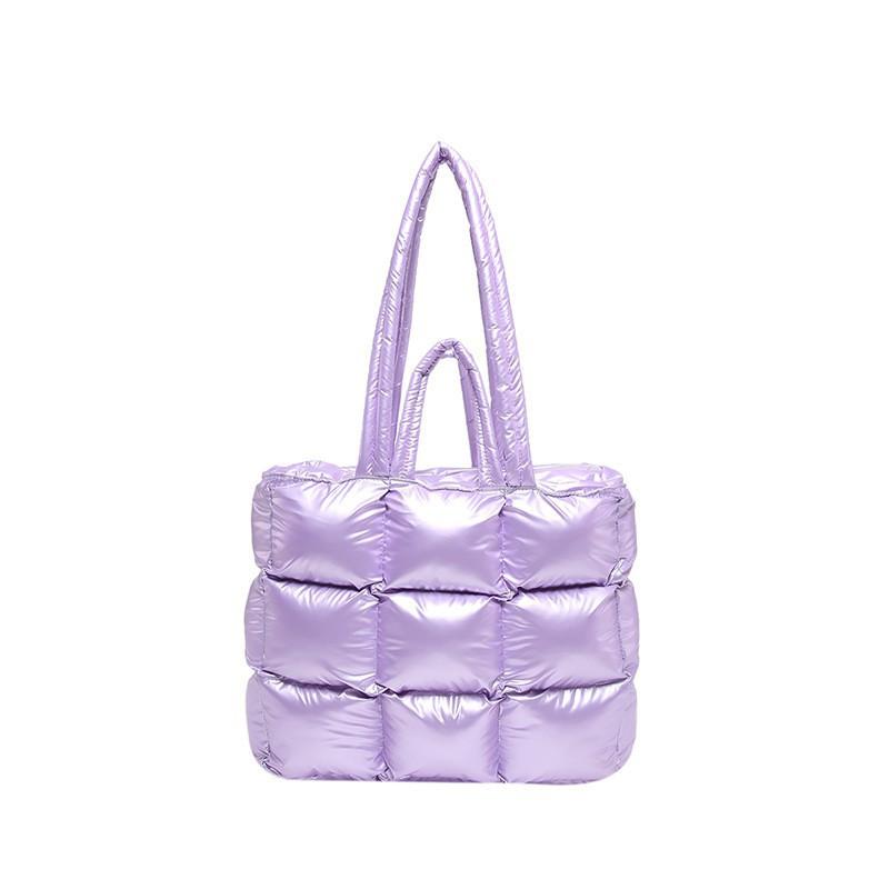 

2024 New Down Bag Women s Large Capacity Shoulder Fashionable Shiny Nylon Cotton Tote 34.5x30x11 фіолетовий