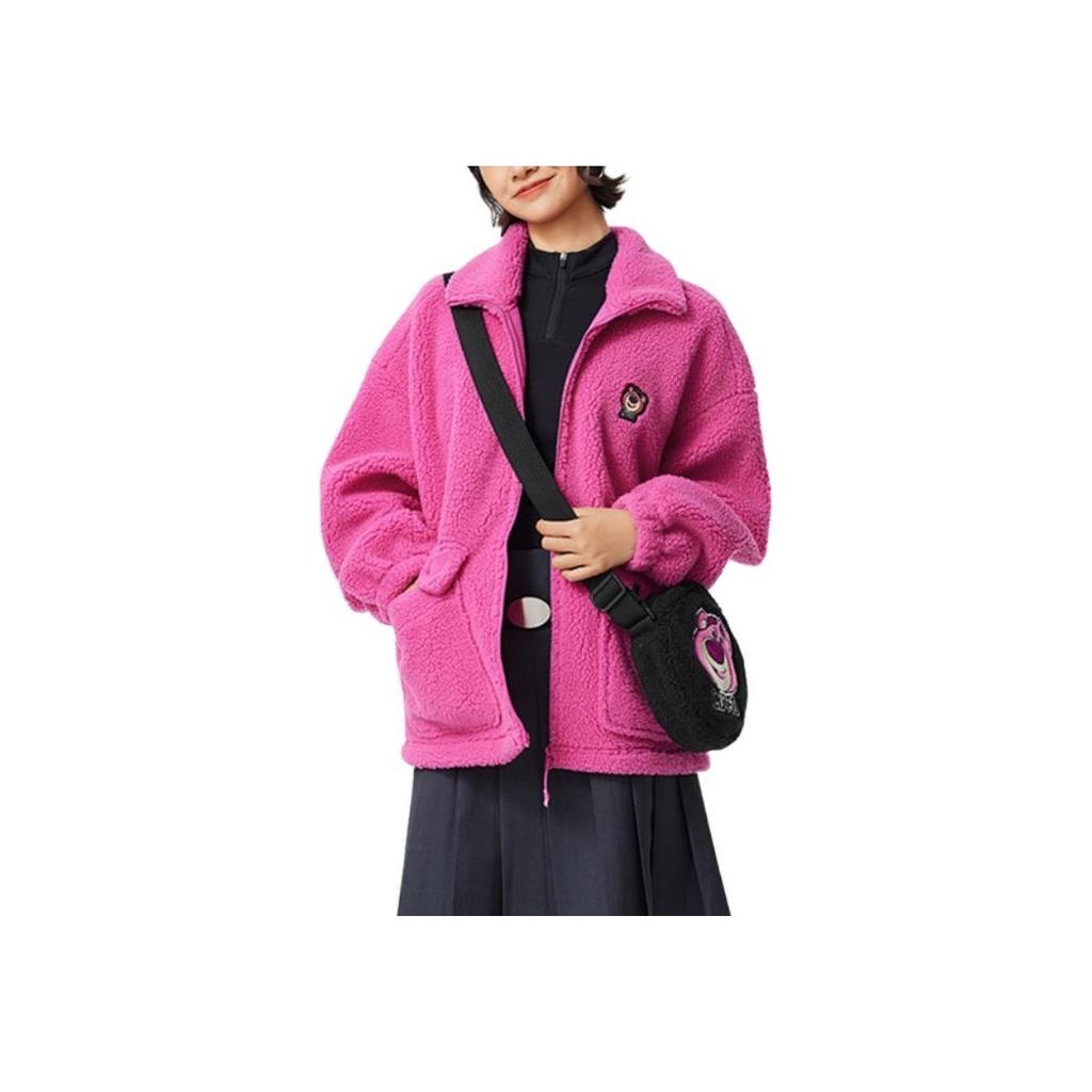 Li Ning X Disney Collaboration Pixar Strawberry Bear Series Comfortable Casual Stand Collar Zipper Simple Print Fleece Jacket Women Jackets AFDU858-2