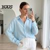 Casual Long Sleeve Tops Women Button Front Shirt, Turndown Collar Blouse, Relaxed Fit Solid Color Drop Shoulder Fall Top for Daily Wear