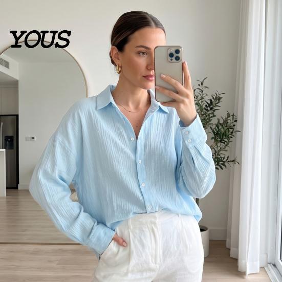 Casual Long Sleeve Tops Women Button Front Shirt, Turndown Collar Blouse, Relaxed Fit Solid Color Drop Shoulder Fall Top for Daily Wear