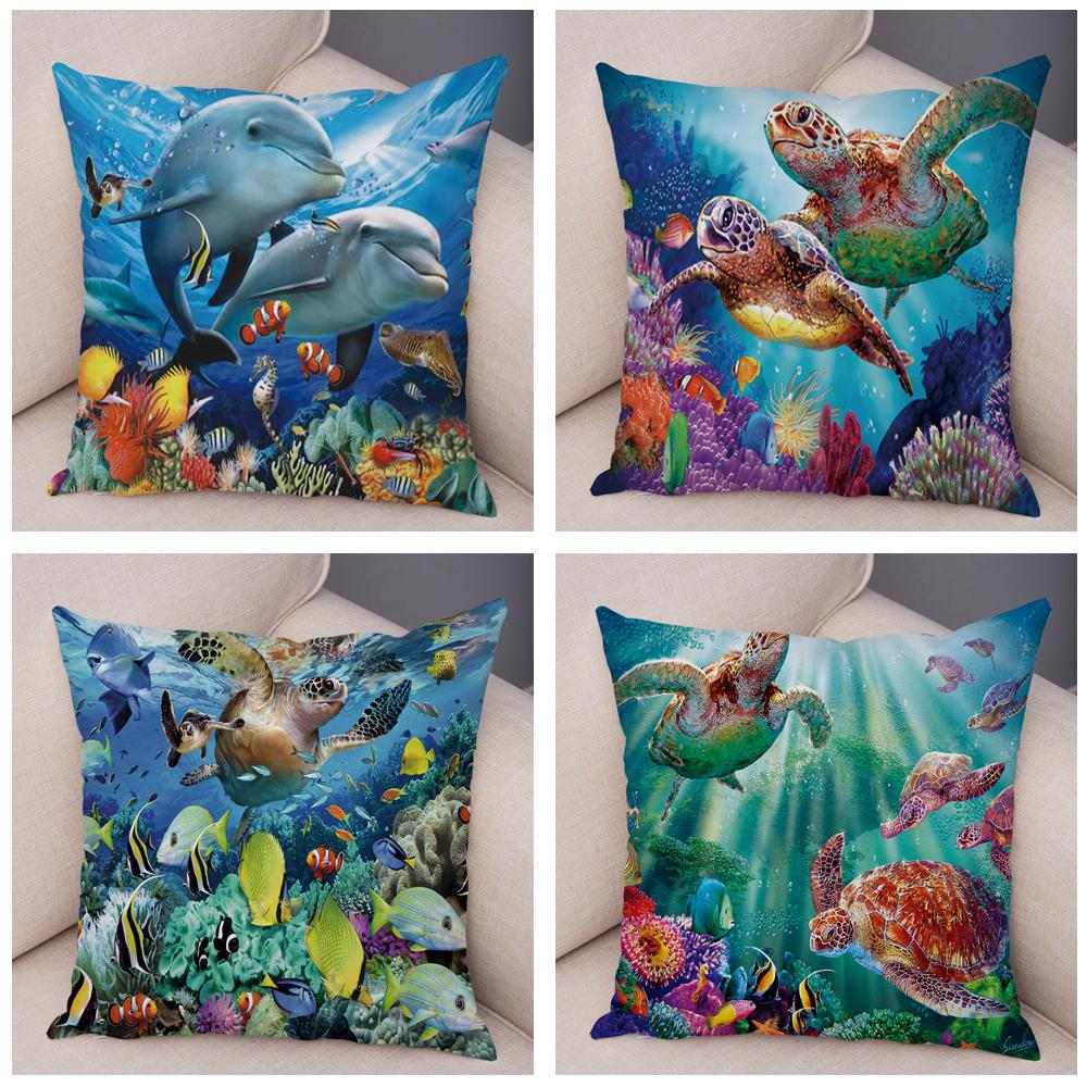 Marine Turtle Dolphins Shark Cushion Cover Short Plush Decor Colorful Ocean Animal Pillowcase Pillow Case for Sofa Home Car