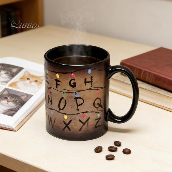 Durable Ceramic Coffee Mug Retro Colorful String Light Alphabet Cup Color Changing 3D Effect Heat Transfer Rustic Sensitive for Hot Cocoa Tea