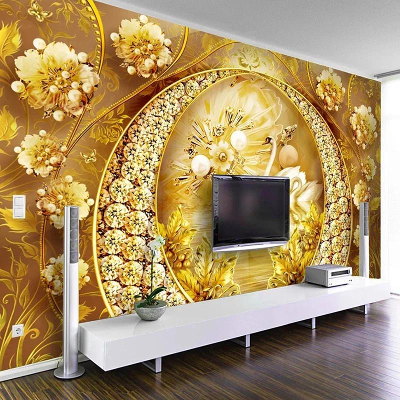 3D-Wandbilder Schwanensee Goldener Schmuck Diamantblume Tapete Luxuriöses Wohnzimmer Sofa TV-Hintergrund Wandbild