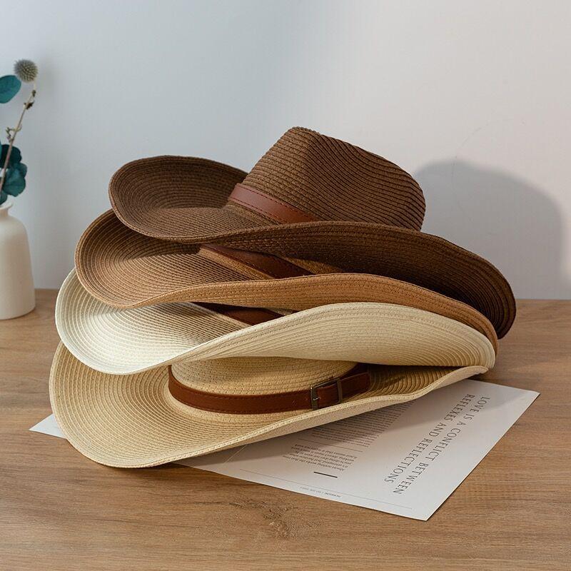 Men'S Straw Hat Beach Hat Summer Big Edge Sunshade Cowboy Hat Outdoor Sun Protection Hat Retro Wind Wide Brim