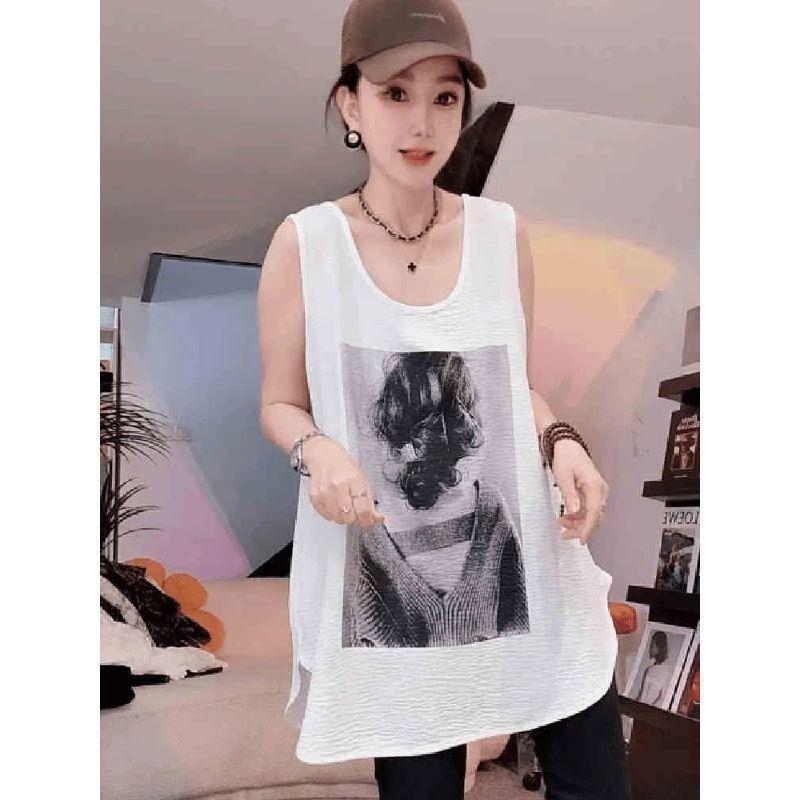 Large size wrinkled ice silk portrait printed vest women s spring and summer new loose and thin fashion sleeveless top tide s [recommended 30-40kg ] белый