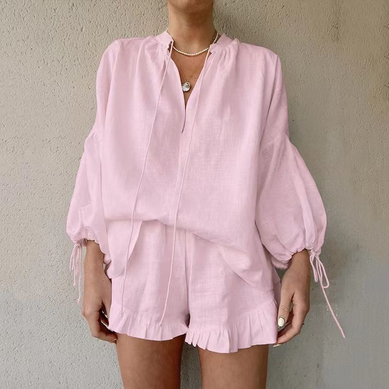

Fashion Wind V Neck Bishop Sleeves Top Shorts Suit Lantern Sleeve Top and Shorts Set Pink M