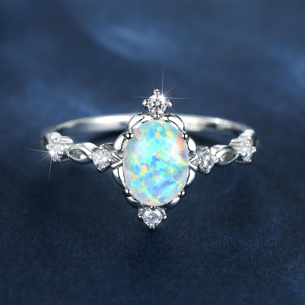 Oval Cut Mystic Blue White Fire Opal Rings For Women Gold Color Charm Rainbow Birthstone Wedding Bands Bridal Engagement Ring CZ