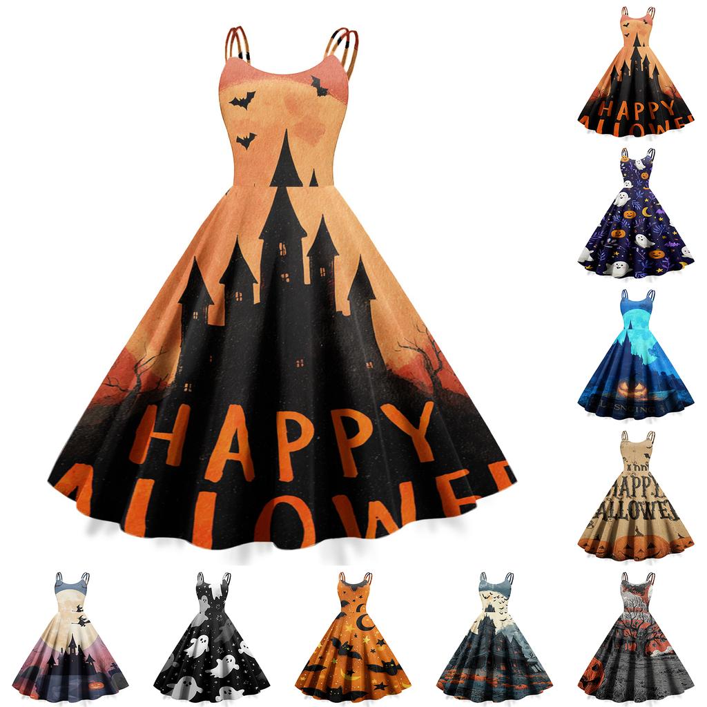 Women's Sleeveless Casual Dress Halloween Print Round Neck Vintage Style Swing Dress with Adjustable Straps for Everyday Wear