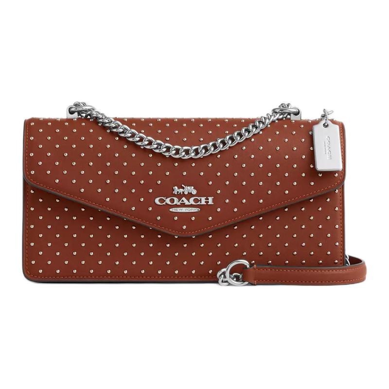 

COACH Klare 26 Studded Chain Shoulder Strap Leather Envelope Shoulder Bag Medium Women s Red Brown коричневий