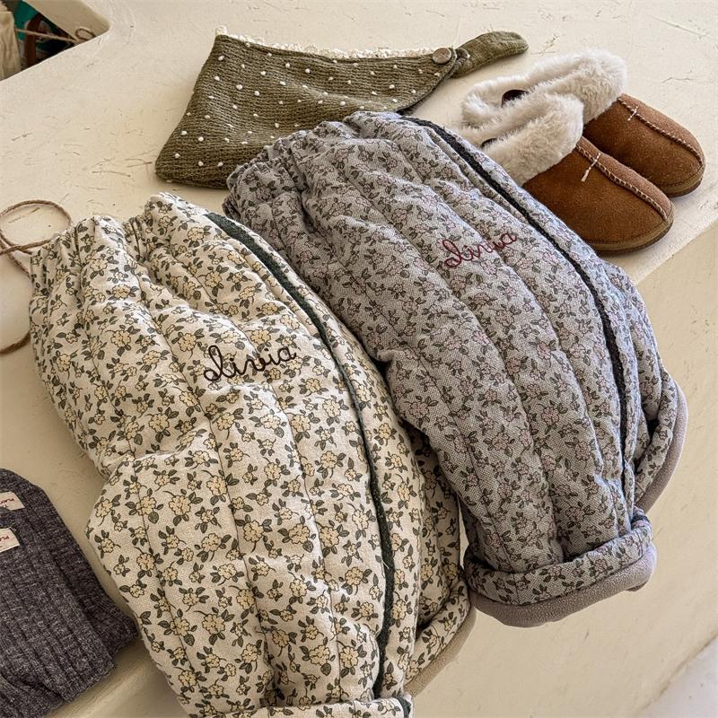 Winter Children Printed Embroidery Thicken Pants Korean Style Baby Girls Casual Warm Cotton-padded Trousers