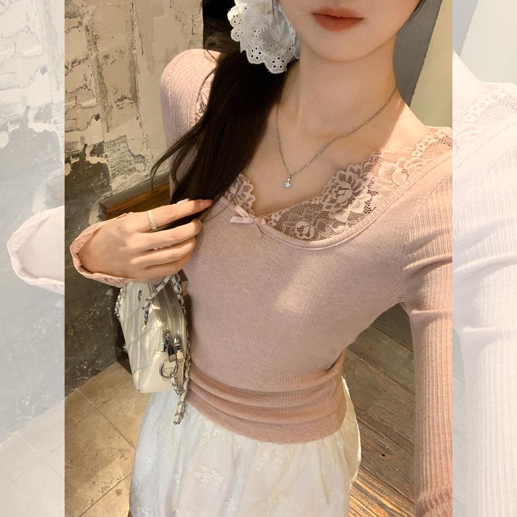 Pink lace U-neck bow long-sleeved t-shirt women's early autumn new inner bottoming shirt slim and thin knitted top