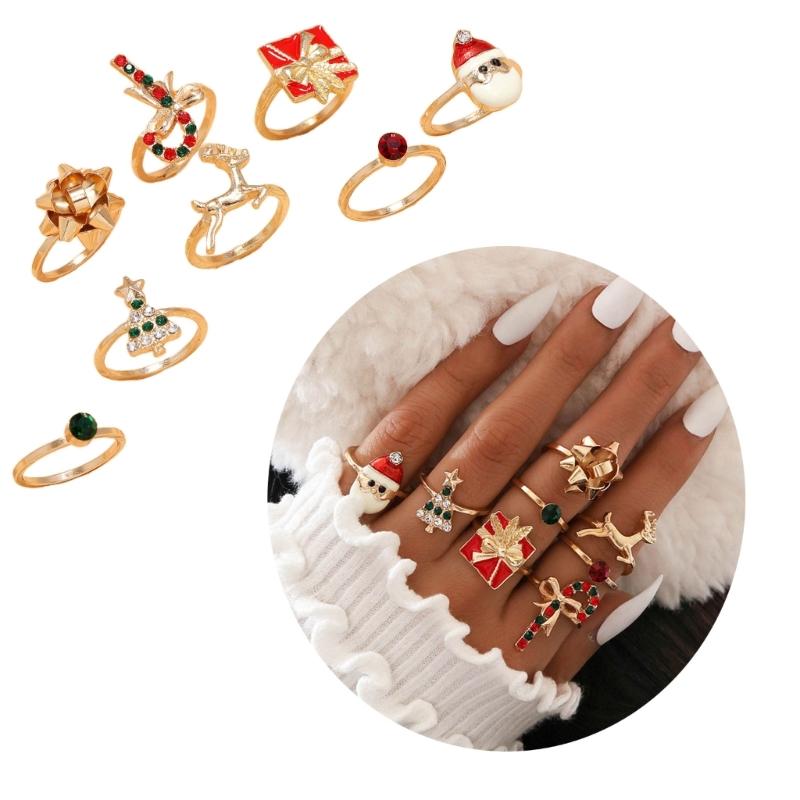 8pcs Christmas Charm Rings Gold Color Enamel Rings Santa Clause Reindeer Decors