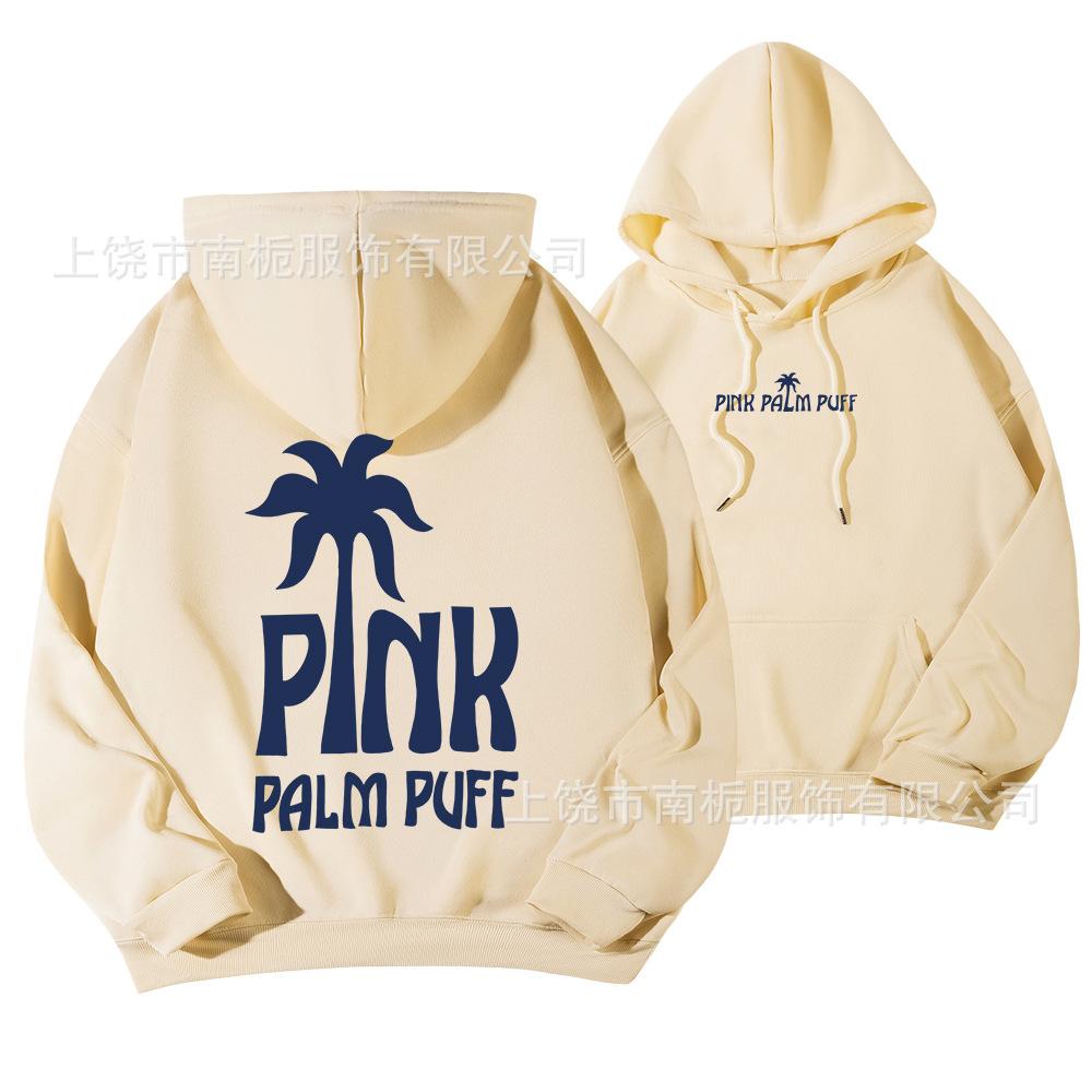 Women's Hooded Long Sleeve Drop Shoulder Pullover Sweatshirt Palm Tree "PINK PALM PUFF" Back Letter Print Casual Hoodie