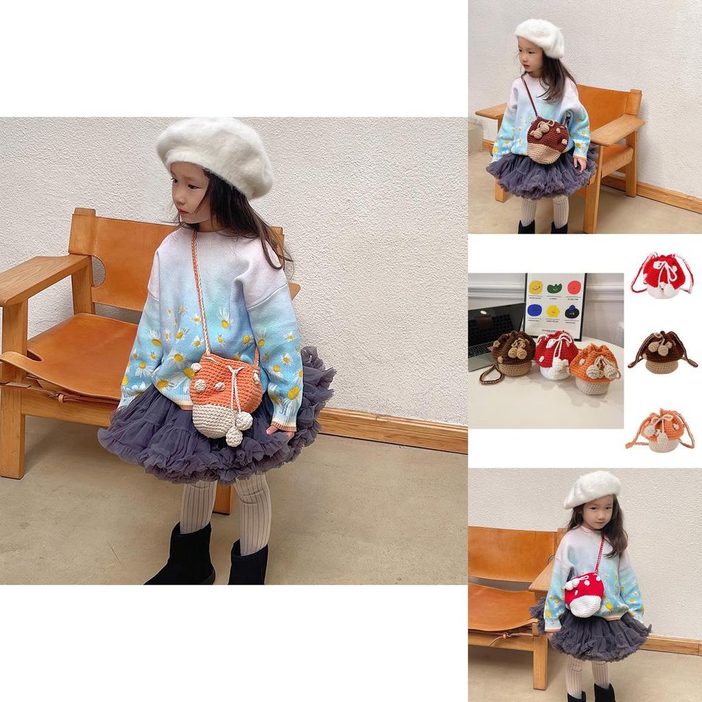 Adorable Fashionable Mushroom Knit Crochet Bag For Kids In Orange Red And Brown Colors