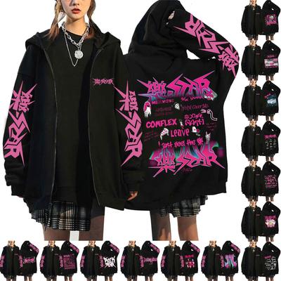 סווטשירט קז'ואל אופנתי לנשים עם הדפס, שרוולים ארוכים, רוכסן ומכסה מנוע