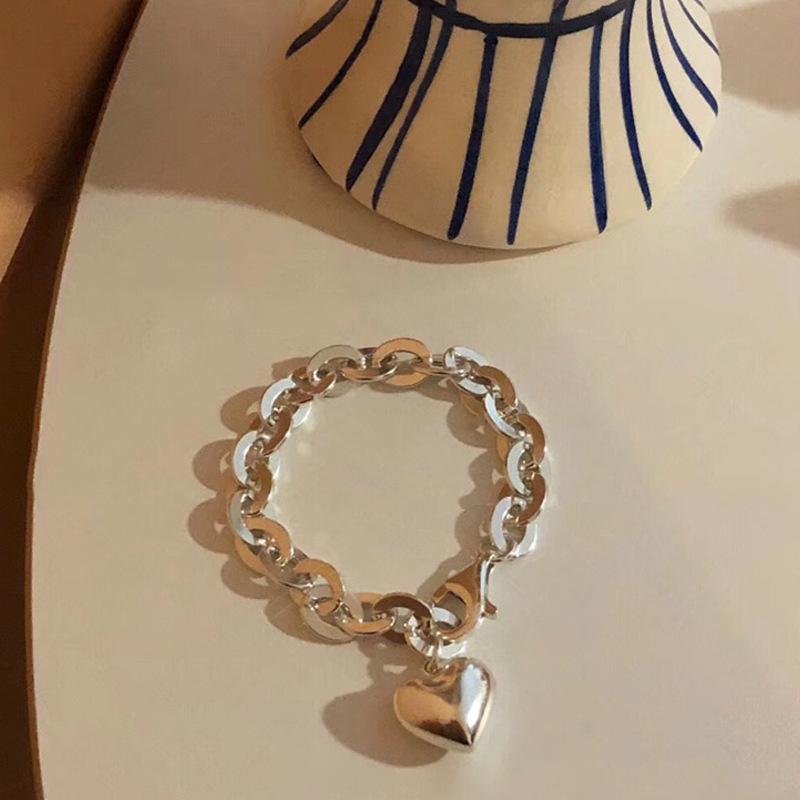 Korean 925 Sterling Silver Heart Peach Bracelet with Hollow Round Chain Design - Women's Clubbing Jewelry