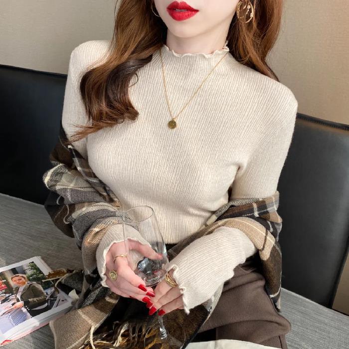Wooden Ear Side Half Turtleneck Knitted Top For Women Autumn and Winter Knitwear Style Outside To Wear A New Coat Inside The Base