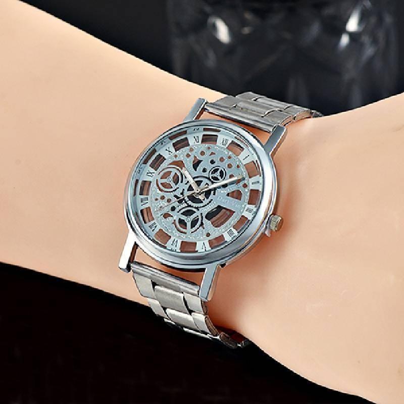 Elegant Geneva Alloy Case Men's Watch With Transparent Dial And Steel Band Stylish Design