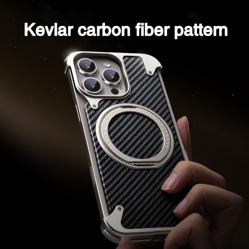 Luxury Business Men for iPhone 16 Pro Max Electroplated Metal Frame Carbon Fiber Textured Phone case with Magnetic Ring Stand