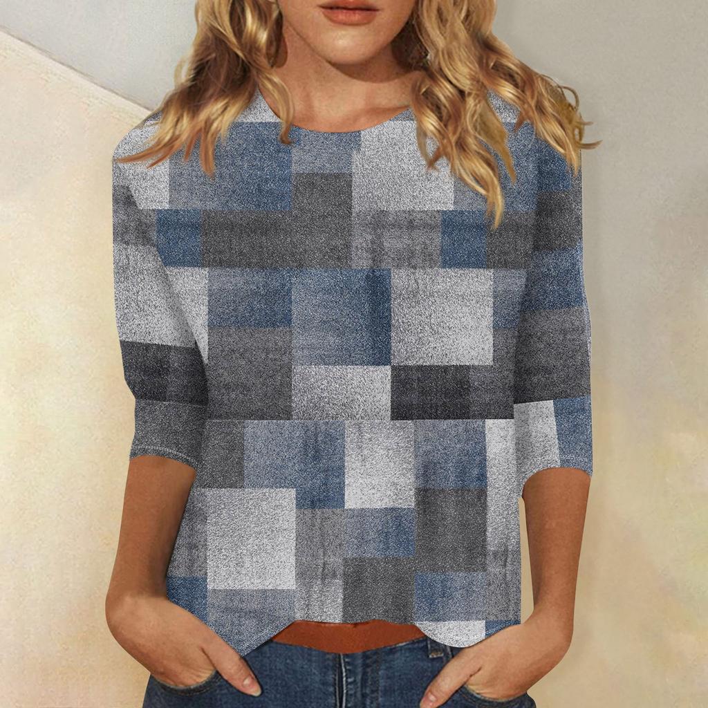 Women's Fashion Casual Three-quarter Sleeve  Printed Round Neck Top