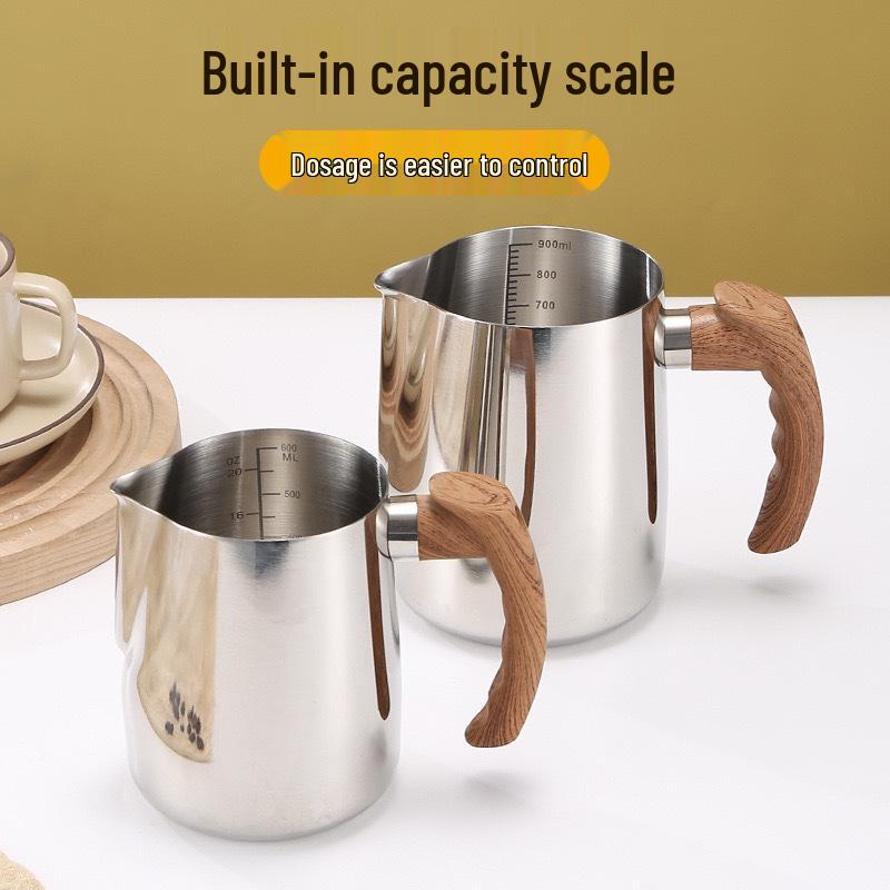 Stainless Steel Latte Art Cup with Wooden Handle and Scale - Thickened Milk Frothing Cup with Pointed Spout for Coffee Art