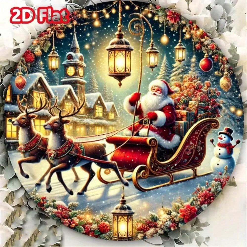 

Vintage Christmas Metal Wall Sign Round Santa Reindeer Holiday Home Decor Art 20x20 разноцветный