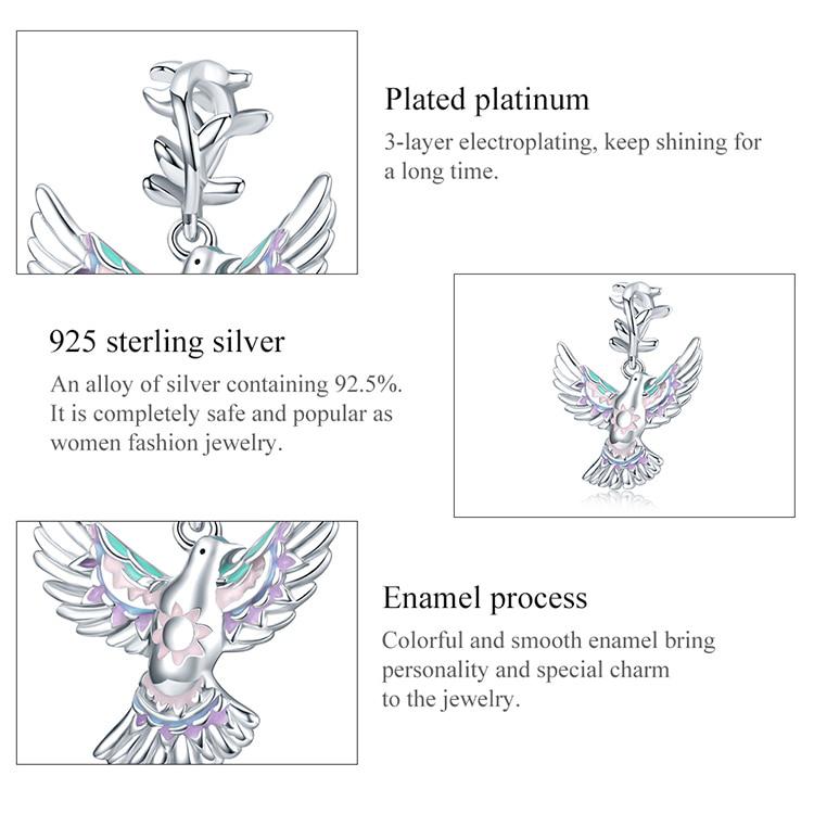 BAMOER Real 925 Sterling Silver Peace Dove Pendant Charm for Original Silver Bracelet or Necklace Fine Jewelry