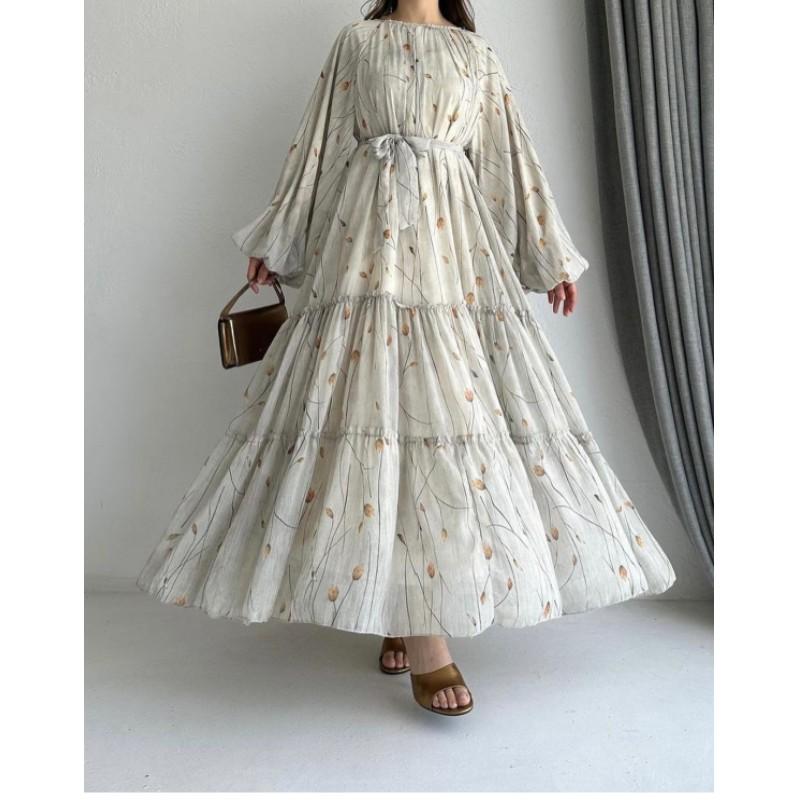 Dámské podzimní šifonové tištěné muslimské šaty s plnou sukní