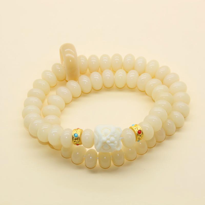 Natural White & Creamy Yellow Jade Bodhi Root Double-Strand Bracelet - New Chinese Design for Women