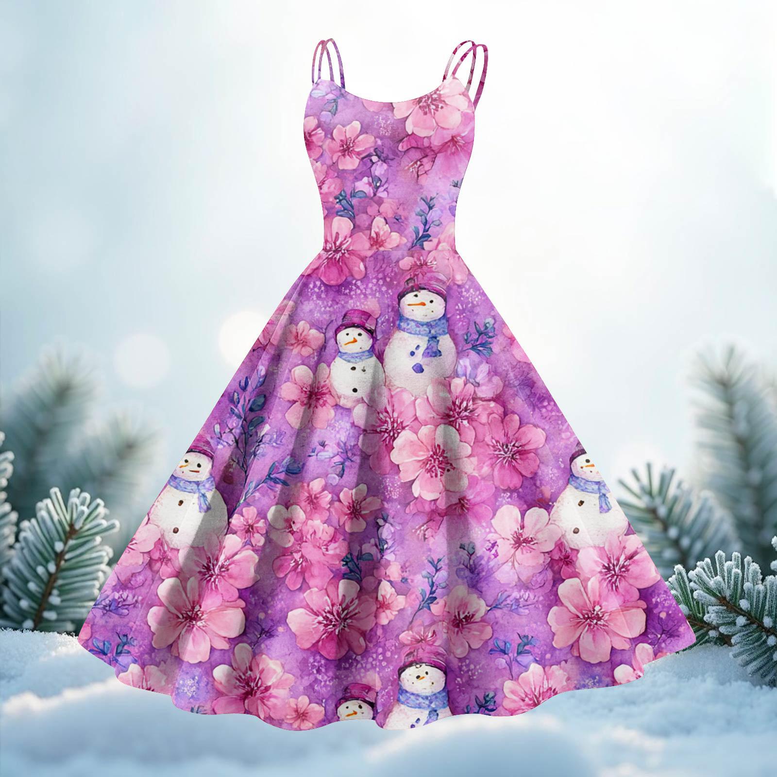 

Женское повседневное платье миди с рождественским принтом и круглым вырезом L фиолетовый