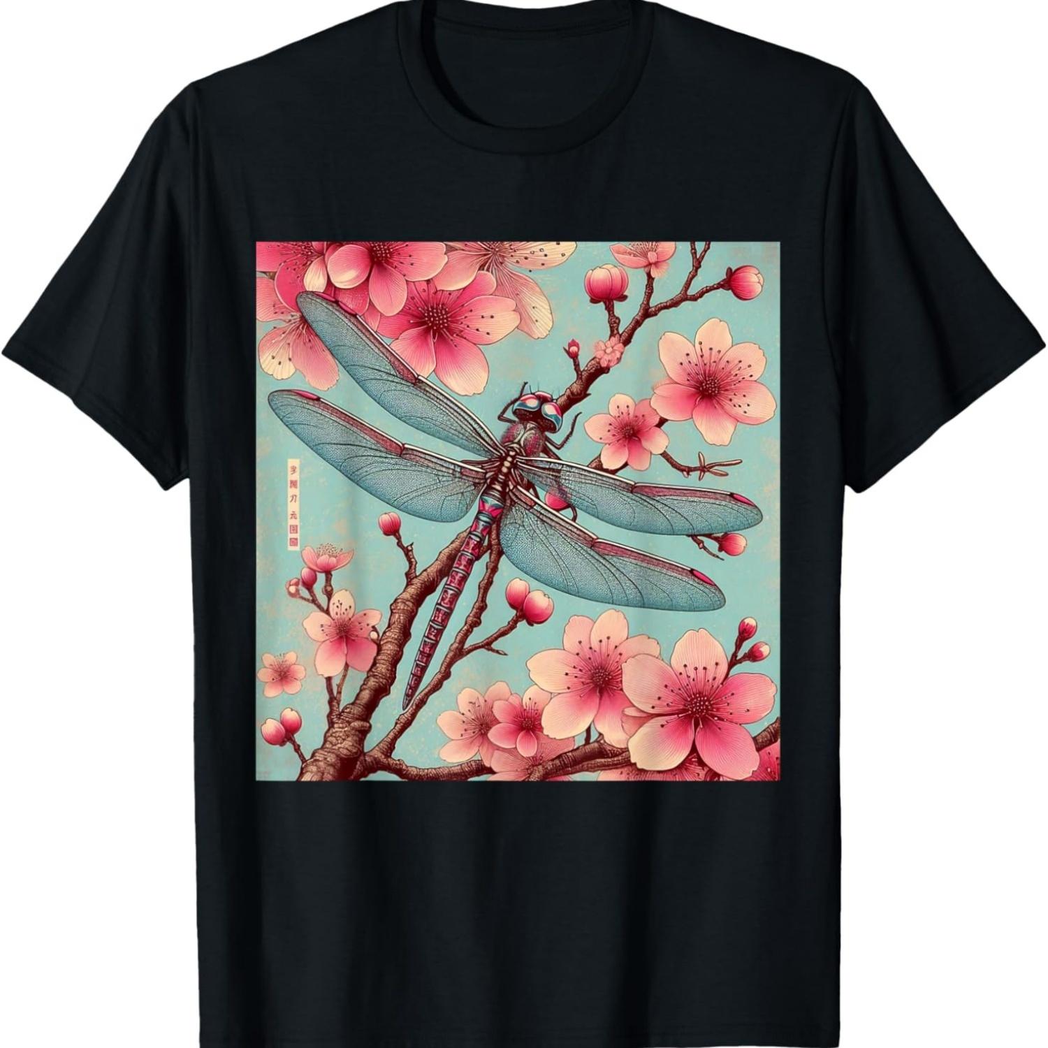 Vintage  Dragonfly Asian Cherry Blossom Pink Flower T-Shirt S чёрный