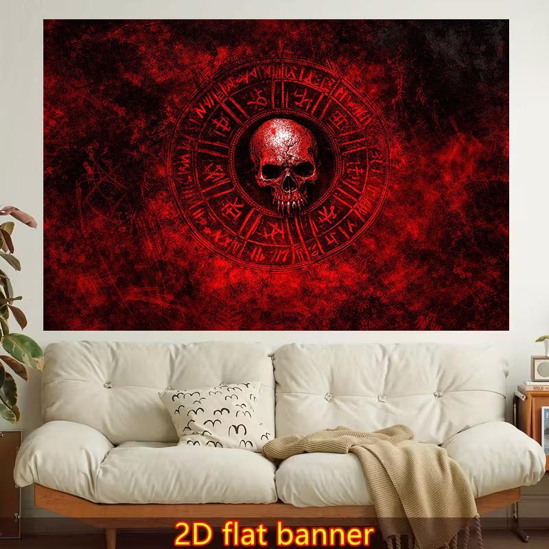 1pc Stylish 2D Flat Printed Wall Tapestry, Red Background, Skull, Runic Circle, Colorful Aesthetics, Bedroom Aesthetics, Suitable for Living Room, Bed