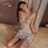 Women's Satin Lace Deep V Push Up Padded Backless Sleep Dress Lounge Set