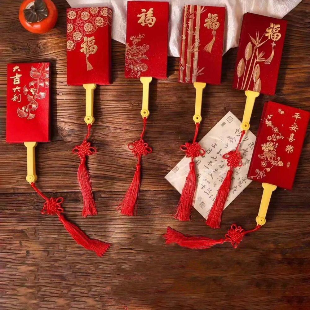 Traditionelles Fächerdesign Roter Umschlag mit chinesischem Knoten 10 Karten Kinder-Geldbeutel Papier Hongbao Quaste