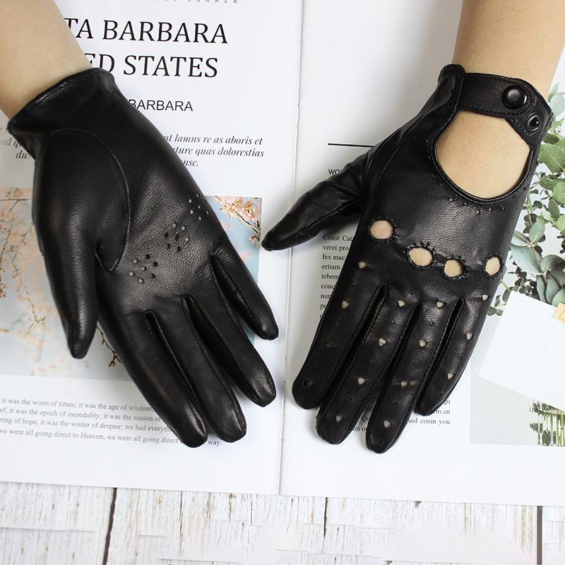 Guantes de Conducción de Verano de Cuero Genuino para Conductor para Mujer de Piel de Oveja Finos para Motociclismo Todos los Dedos Moda Calados Sin Forro